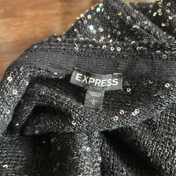 Express Black Silver Sequin Open Front Sweater Cardigan Jacket Holiday Party - Picture 5 of 7